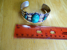 Vintage Fred Harvey Navajo Green Turquoise Silver Cuff Bracelet w/Thunderbirds - Additional view 2