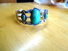 Vintage Fred Harvey Navajo Green Turquoise Silver Cuff Bracelet w/Thunderbirds - Additional view 3