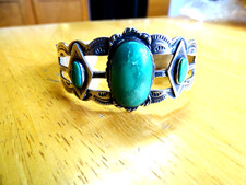 Vintage Fred Harvey Navajo Green Turquoise Silver Cuff Bracelet w/Thunderbirds - Additional view 8
