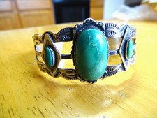Vintage Fred Harvey Navajo Green Turquoise Silver Cuff Bracelet w/Thunderbirds