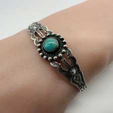 VTG Fred Harvey Era Navajo Sterling Stamped Turquoise Cuff Bracelet 8.8g #bco