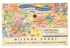 Fred Harvey Map Mileage Chart From Cleveland to Los Angeles Postcard