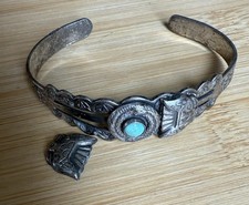 Old Pawn Harvey Era Arrows Thunderbird Turquoise Snake Silver Cuff 6.5” - Additional view 1