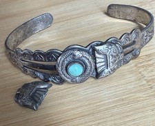 Old Pawn Harvey Era Arrows Thunderbird Turquoise Snake Silver Cuff 6.5” - Additional view 2