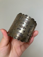 Old Fred Harvey Era Navajo Thunderbird Stamped Sterling Silver Cuff Bracelet 71g - Additional view 3