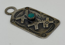 Navajo STERLING SILVER Turquoise Stamped Fred Harvey Era Pendant DOG TAG CHARM - Additional view 2