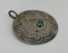 Vtg Navajo STERLING Turquoise HORSE HEAD Fred Harvey Era Pendant DOG TAG CHARM - Additional view 1