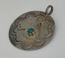 Vtg Navajo STERLING Turquoise HORSE HEAD Fred Harvey Era Pendant DOG TAG CHARM - Additional view 2