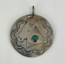 Vtg Navajo STERLING Turquoise HORSE HEAD Fred Harvey Era Pendant DOG TAG CHARM