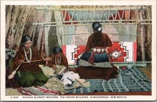 Albuquerque, NM - FRED HARVEY Postcard "Navaho Blanket Weavers, Indian Bldg."