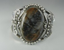 Fred Harvey Era Cuff Bracelet Sterling Silver Petrified Wood Jasper Wide Navajo - Additional view 5