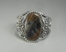 Fred Harvey Era Cuff Bracelet Sterling Silver Petrified Wood Jasper Wide Navajo - Additional view 6