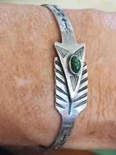 Fred Harvey Era Sterling 925 Navajo Green Turquoise Arrow Cuff Bracelet 5"