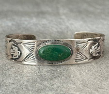 OLD EARLY FRED HARVEY ERA Navajo Turquoise THUNDERBIRD CYCLONE Sterling Bracelet