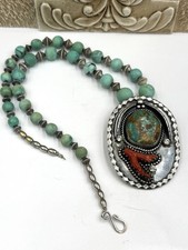 Old Pawn Navajo Sterling Silver Coral Royston Turquoise Fred Harvey Era Pendant - Additional view 1