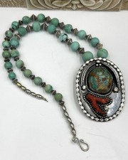 Old Pawn Navajo Sterling Silver Coral Royston Turquoise Fred Harvey Era Pendant - Additional view 2