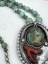 Old Pawn Navajo Sterling Silver Coral Royston Turquoise Fred Harvey Era Pendant - Additional view 3