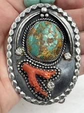 Old Pawn Navajo Sterling Silver Coral Royston Turquoise Fred Harvey Era Pendant - Additional view 7
