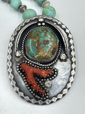 Old Pawn Navajo Sterling Silver Coral Royston Turquoise Fred Harvey Era Pendant