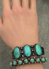 VTG Fred Harvey era Navajo WHIRLING LOG EAGLE FEATHERS Silver Turquoise Bracelet - Additional view 2