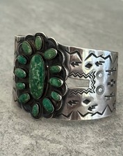 OLD Fred Harvey Era Navajo Turquoise Cluster Sterling Bracelet 65.3g 7.5 in - Additional view 2