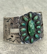 OLD Fred Harvey Era Navajo Turquoise Cluster Sterling Bracelet 65.3g 7.5 in - Additional view 3