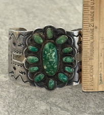 OLD Fred Harvey Era Navajo Turquoise Cluster Sterling Bracelet 65.3g 7.5 in - Additional view 8