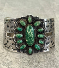 OLD Fred Harvey Era Navajo Turquoise Cluster Sterling Bracelet 65.3g 7.5 in