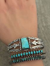 Fred Harvey Era Navajo Turquoise ARROWS Split shank Sterling Bracelet 7 in - Additional view 1