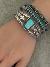 Fred Harvey Era Navajo Turquoise ARROWS Split shank Sterling Bracelet 7 in - Additional view 4