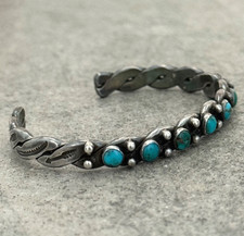 OLD Fred Harvey era Navajo/Zuni snake eye Turquoise TWISTED silver Bracelet 6.5 - Additional view 1