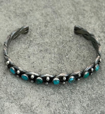 OLD Fred Harvey era Navajo/Zuni snake eye Turquoise TWISTED silver Bracelet 6.5 - Additional view 5