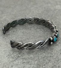 OLD Fred Harvey era Navajo/Zuni snake eye Turquoise TWISTED silver Bracelet 6.5 - Additional view 7