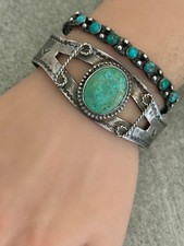 OLD Fred Harvey era Navajo/Zuni snake eye Turquoise TWISTED silver Bracelet 6.5 - Additional view 8