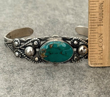 Vintage FRED HARVEY Era Navajo Turquoise Scalloped Sterling Bracelet 6.75 in - Additional view 8