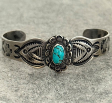 OLD FRED HARVEY ERA Navajo Turquoise THUNDERBIRD Sterling Bracelet 6.5 in