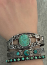 OLD FRED HARVEY ERA Navajo THREE Turquoise Stamped Sterling Bracelet 7 in - Additional view 1