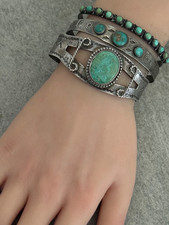 OLD FRED HARVEY ERA Navajo THREE Turquoise Stamped Sterling Bracelet 7 in - Additional view 4