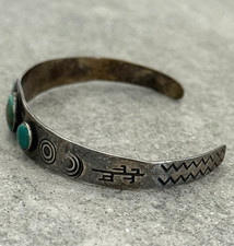 OLD FRED HARVEY ERA Navajo THREE Turquoise Stamped Sterling Bracelet 7 in - Additional view 6