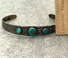 OLD FRED HARVEY ERA Navajo THREE Turquoise Stamped Sterling Bracelet 7 in - Additional view 9