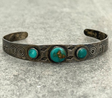 OLD FRED HARVEY ERA Navajo THREE Turquoise Stamped Sterling Bracelet 7 in