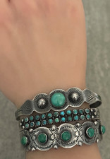 Vintage FRED HARVEY ERA NAVAJO Turquoise Fluted Button Sterling Bracelet 7 in - Additional view 2