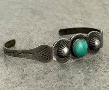 Vintage FRED HARVEY ERA NAVAJO Turquoise Fluted Button Sterling Bracelet 7 in - Additional view 3