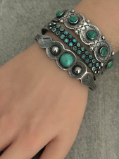 Vintage FRED HARVEY ERA NAVAJO Turquoise Fluted Button Sterling Bracelet 7 in - Additional view 4
