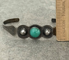 Vintage FRED HARVEY ERA NAVAJO Turquoise Fluted Button Sterling Bracelet 7 in - Additional view 8