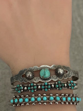 Vintage FRED HARVEY ERA NAVAJO Turquoise Fluted Button Sterling Bracelet 6.6 in - Additional view 1