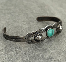 Vintage FRED HARVEY ERA NAVAJO Turquoise Fluted Button Sterling Bracelet 6.6 in - Additional view 3