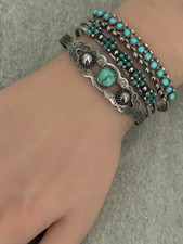 Vintage FRED HARVEY ERA NAVAJO Turquoise Fluted Button Sterling Bracelet 6.6 in - Additional view 4