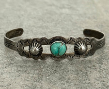 Vintage FRED HARVEY ERA NAVAJO Turquoise Fluted Button Sterling Bracelet 6.6 in