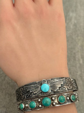 OLD FRED HARVEY ERA THUNDERBIRD Navajo Turquoise Sterling silver Bracelet 7 in - Additional view 1